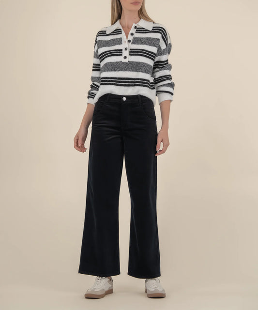 Lilia Button Front Sweater in Black Stripe