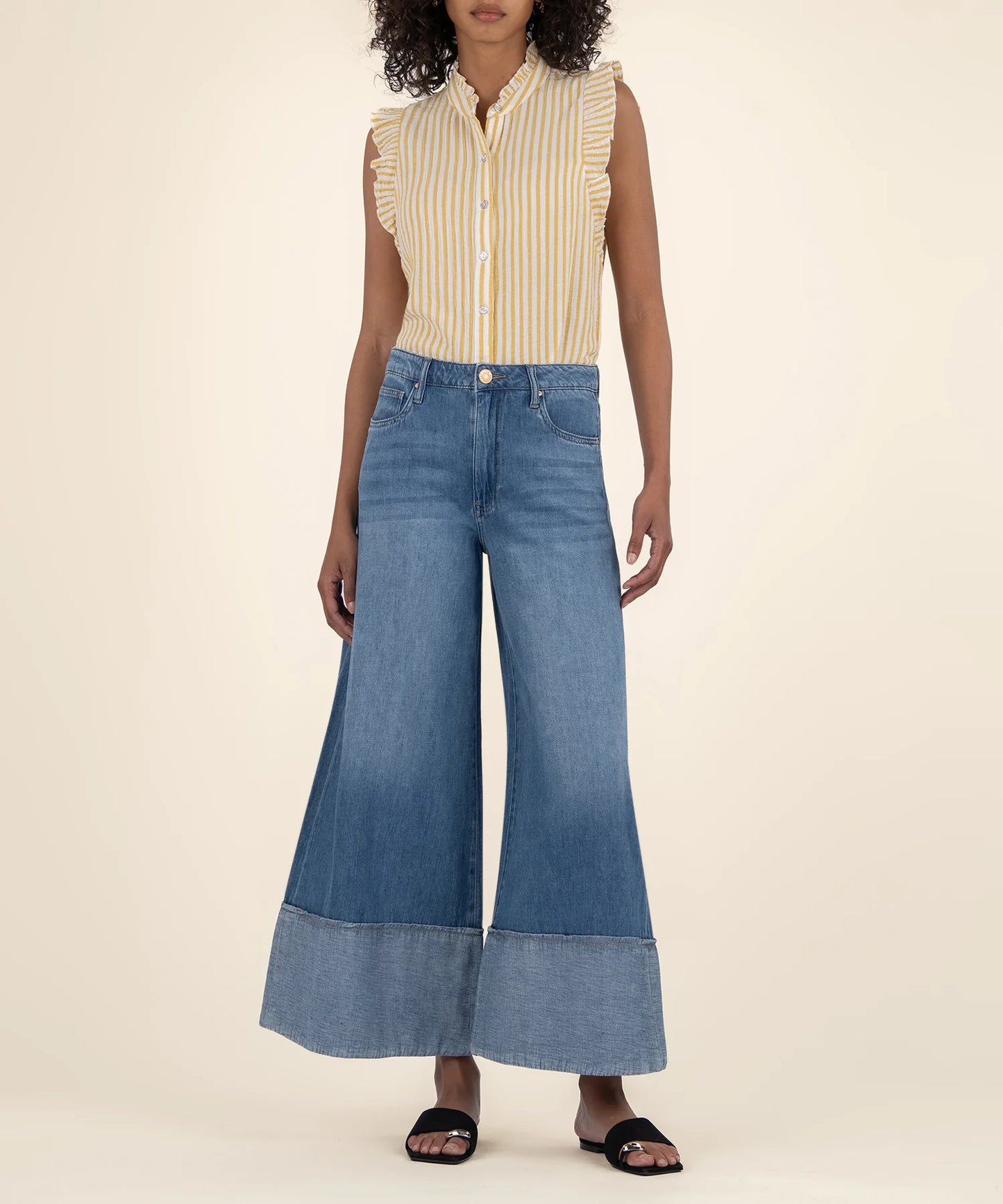 Katara Button Down Ruffle Top (Yellow/White)