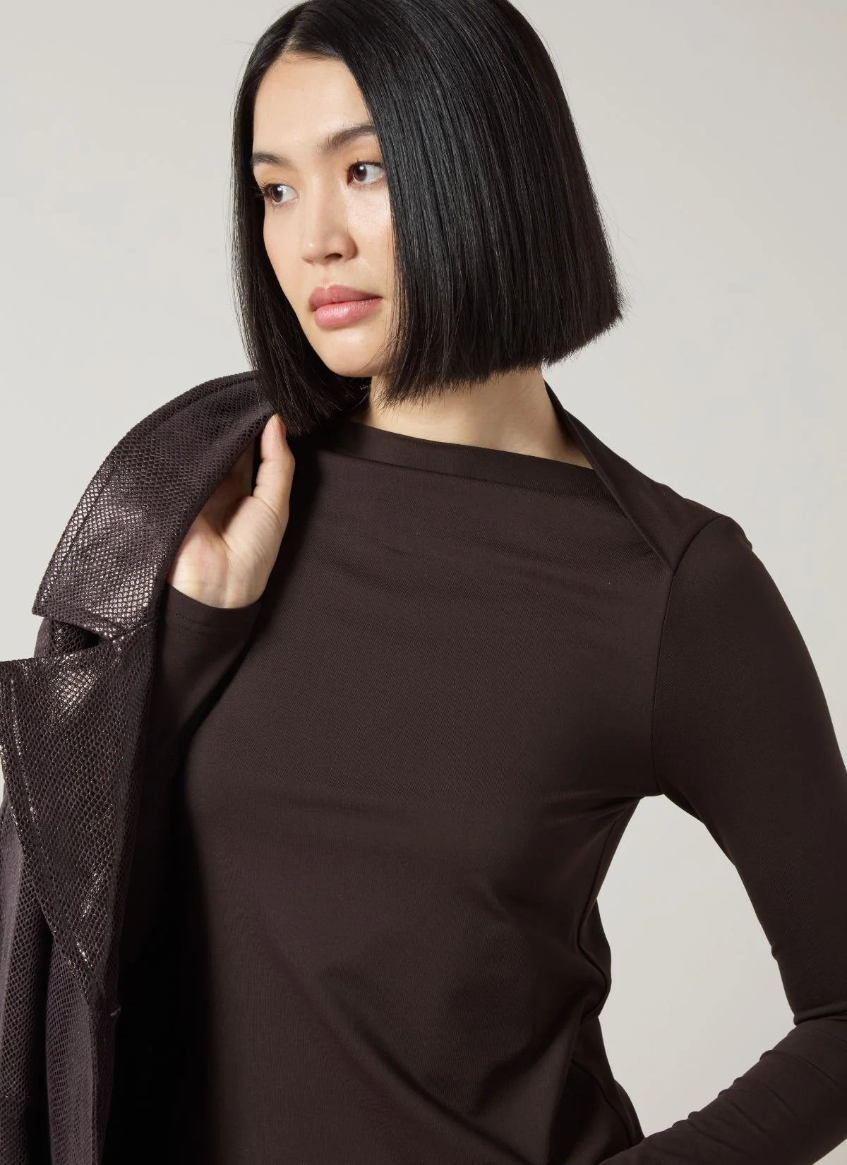 Electra Crossed Boat-Neck Top in Double Espresso