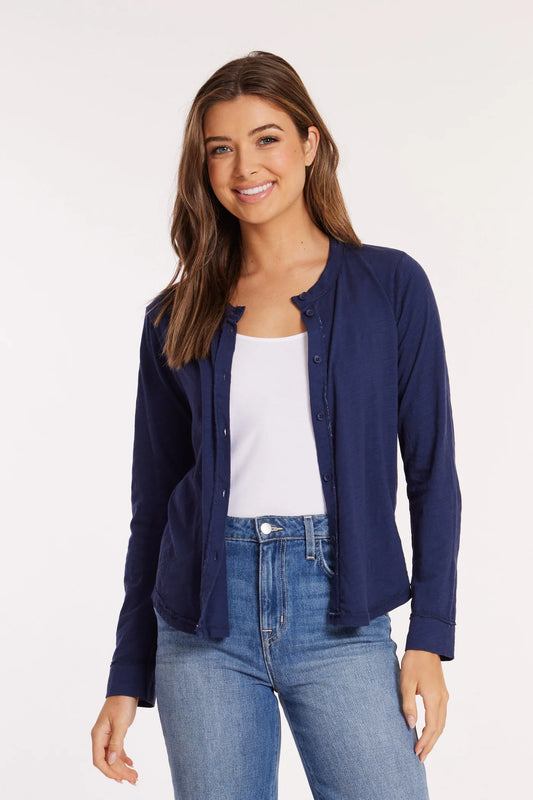 Long Sleeve Button-Up Slim Cardi in Vibrant Navy
