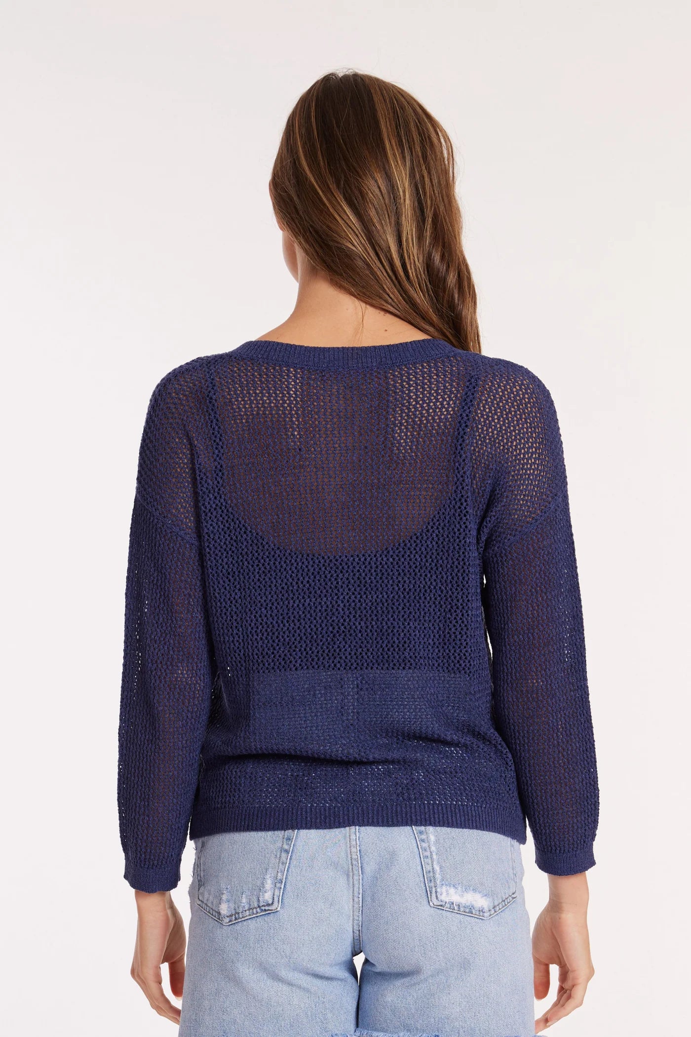 Long Sleeve V-Neck Summer Sweater in Navy