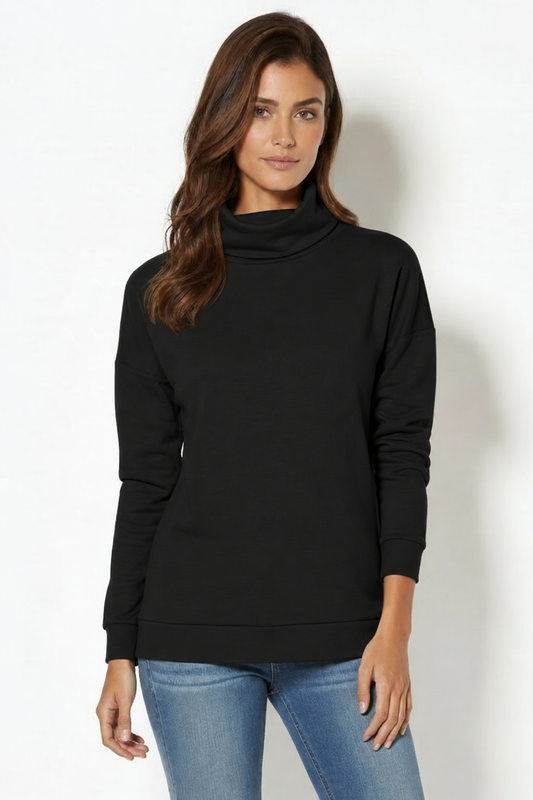 Turtleneck Easy Long Sleeve Tee in Black