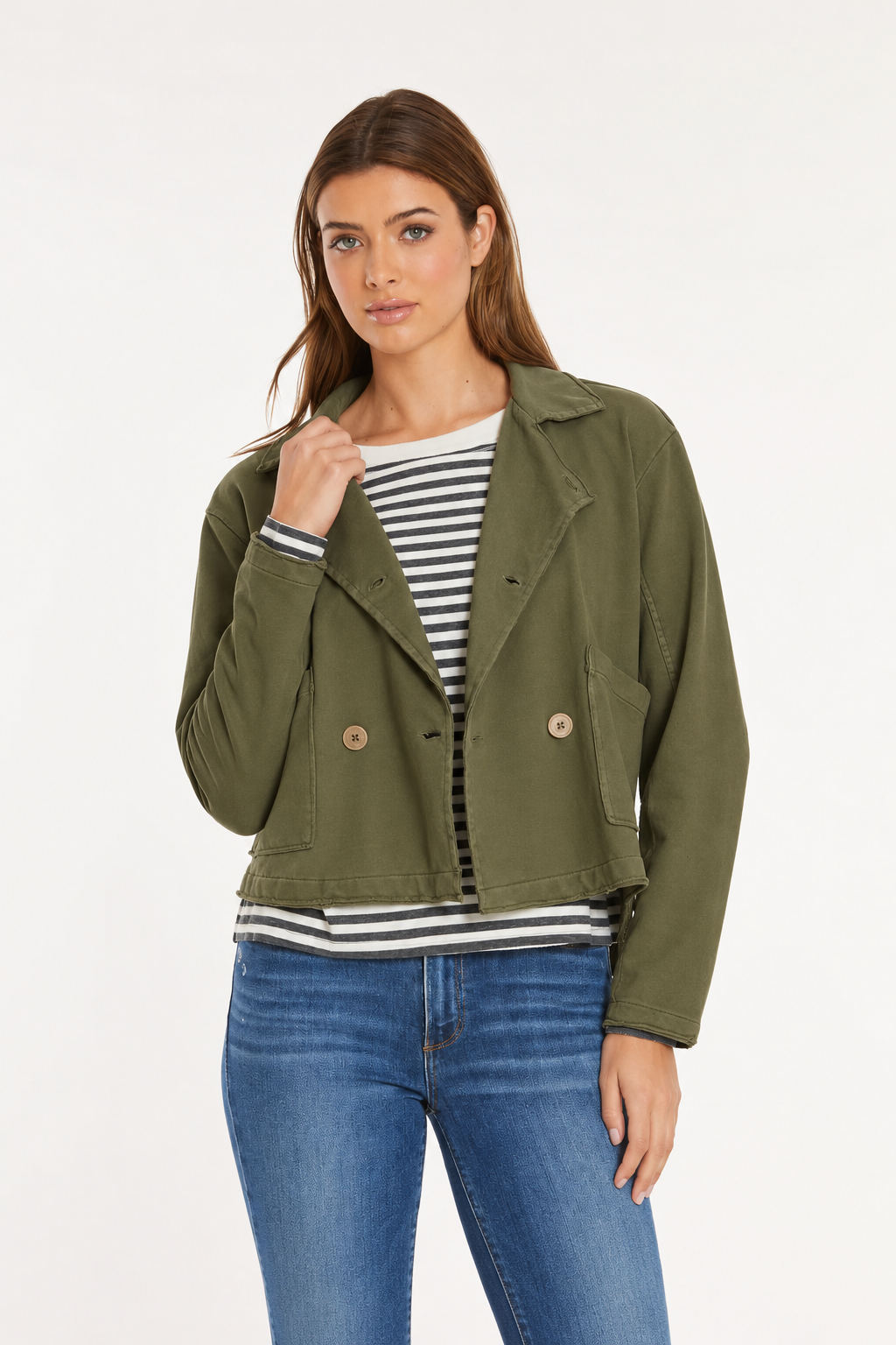 Mododoc Double-Breasted Cropped Jacket in Shadow Fern - product photo
