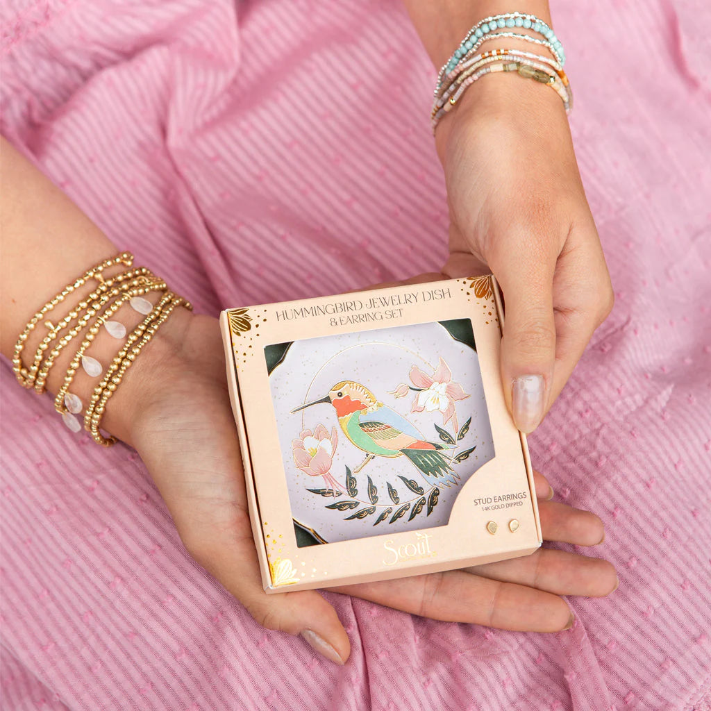 Jewelry Dish & Stud Ear Set - Hummingbird/Lavender