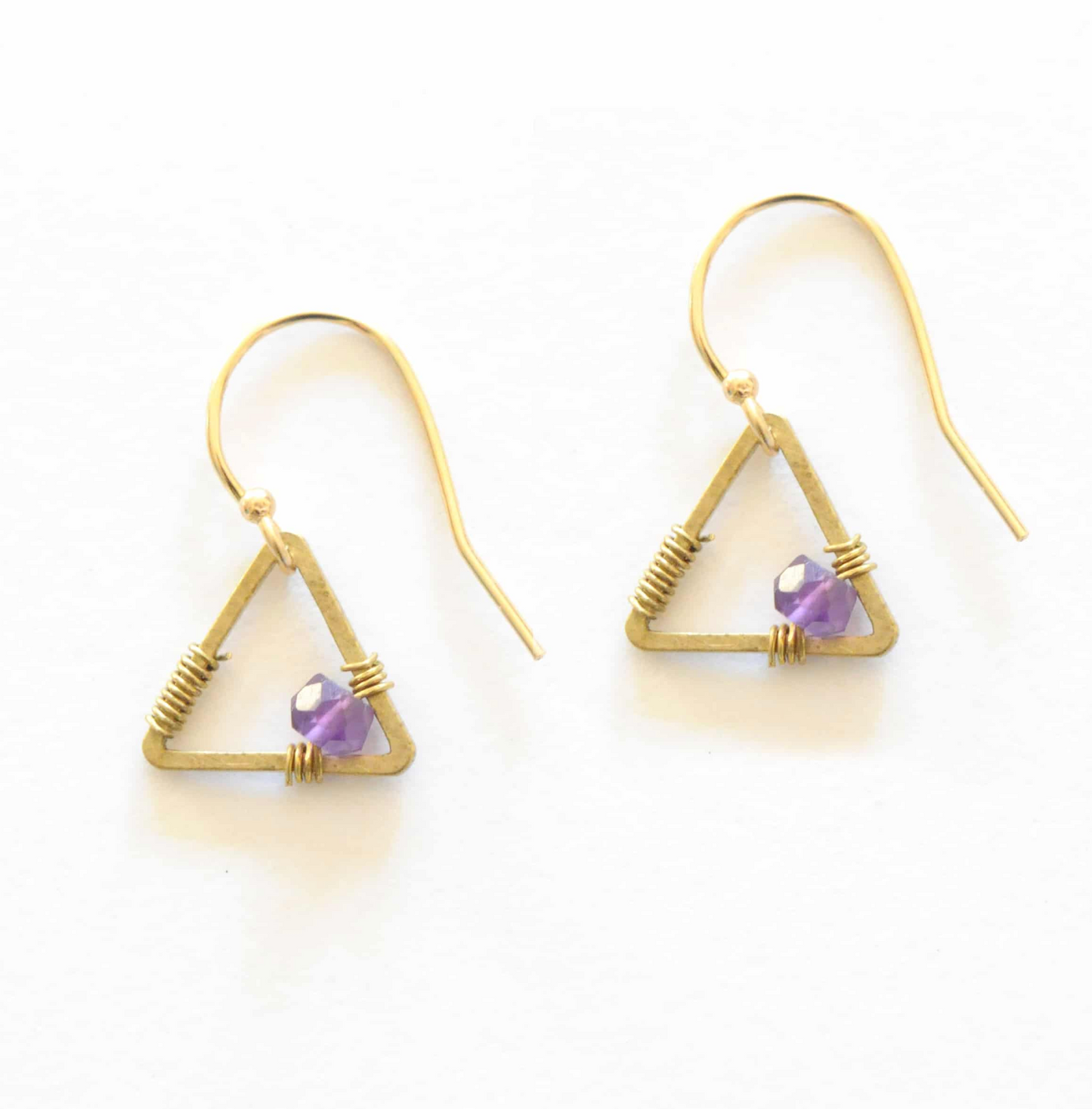 Gold Tiny Triangle Earrings in Amethyst