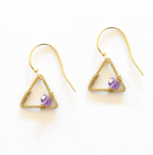 Gold Tiny Triangle Earrings in Amethyst