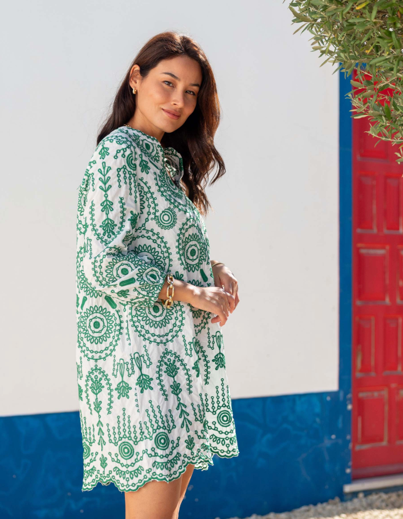 Edie Embroidered Tunic Dress in Green