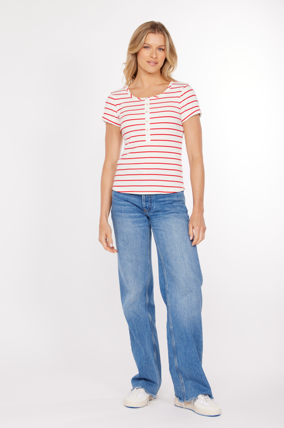 Slim Henley in Ivory & Red Stripe