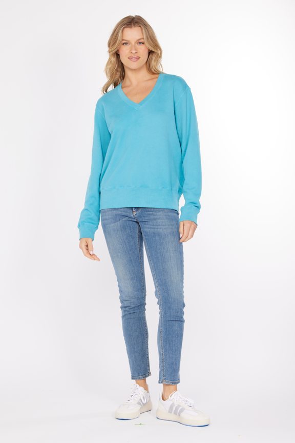 Deep V-neck Sweatshirt in Aqua Mist