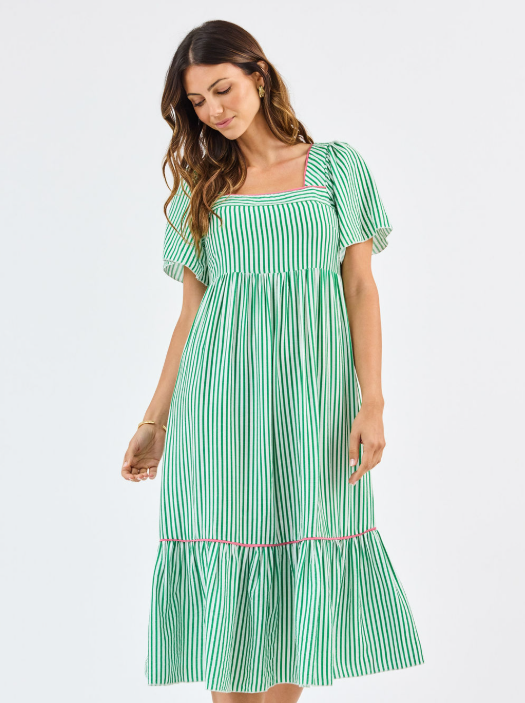 Milena Dress in Green & White