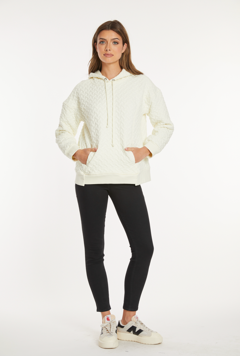 Quilted Long Sleeve Oversize Step Hem Hoodie in Ivory