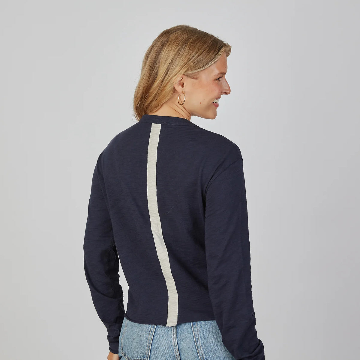 Relaxed Long Sleeve Crew Tee in Navy & Oyster
