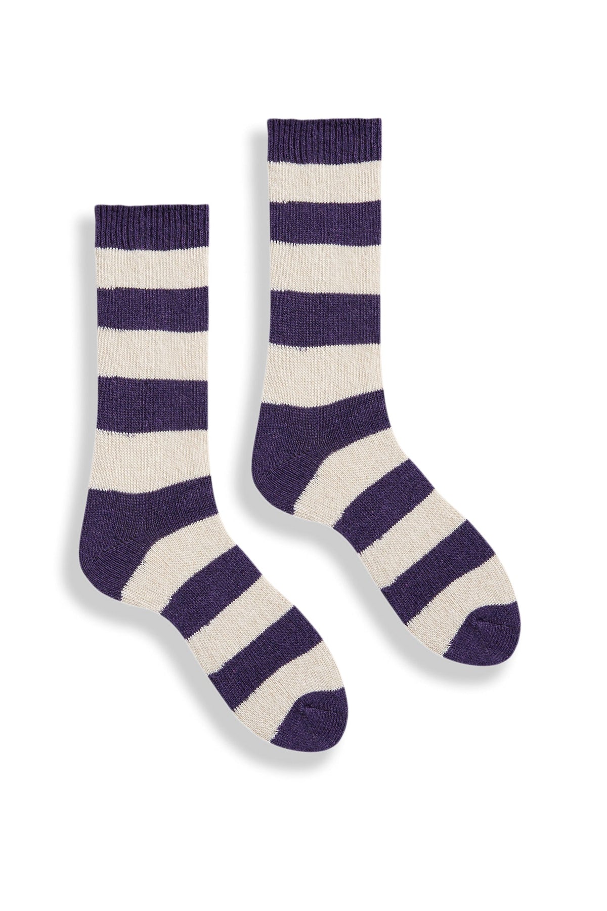 Women's Rugby Stripe Wool Cashmere Crew Socks in Plum