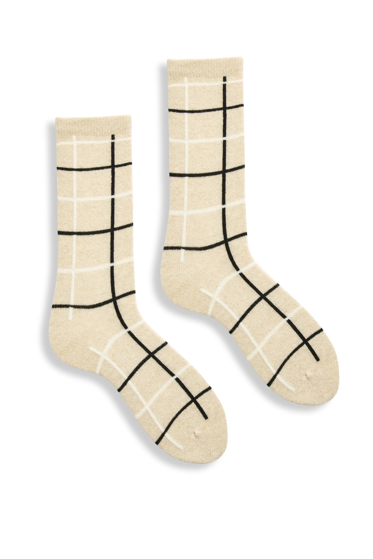 Women's Windowpane Wool Cashmere Crew Socks in Crème