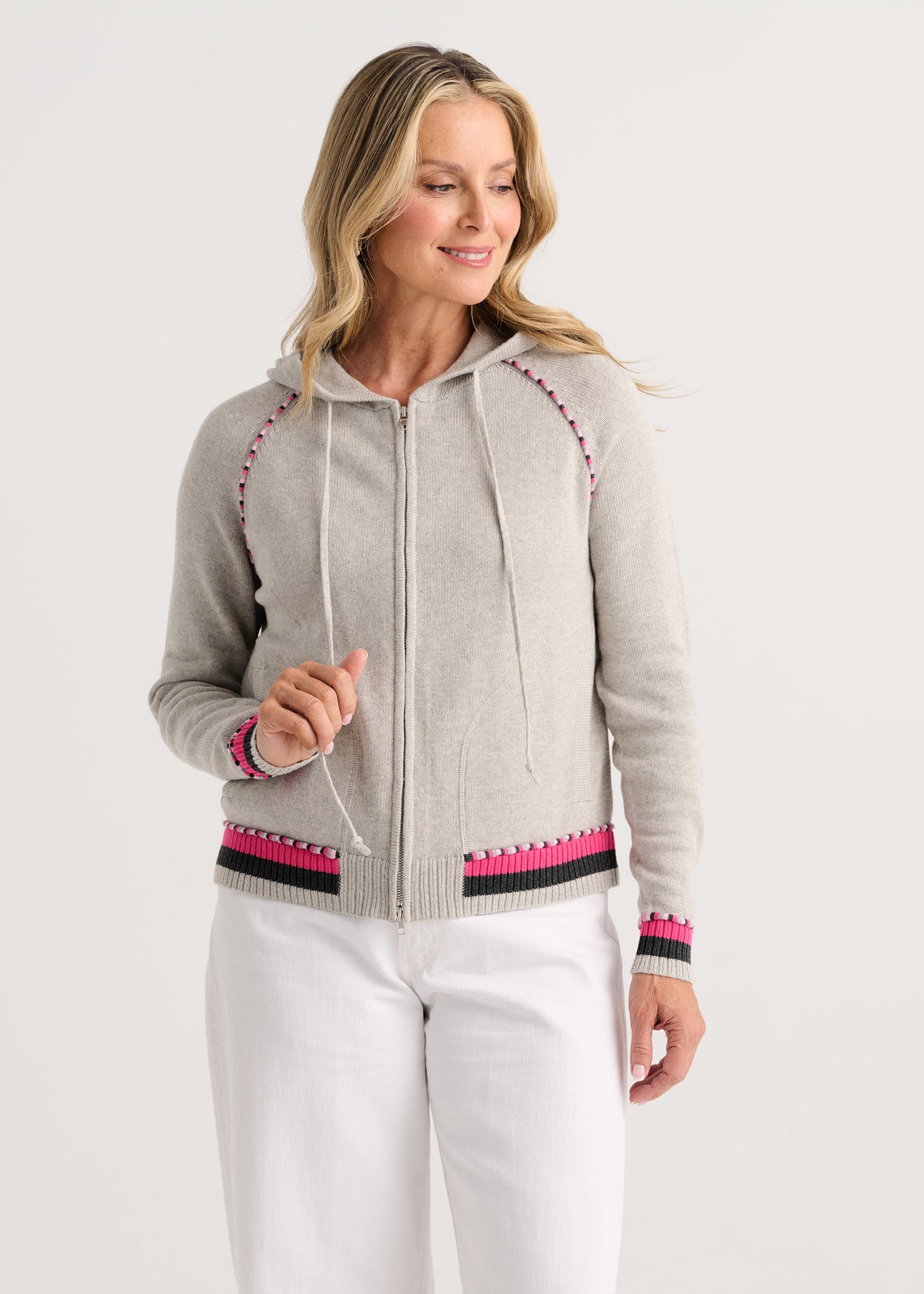 Stripe Trim Zip-Up Hoodie in Marl