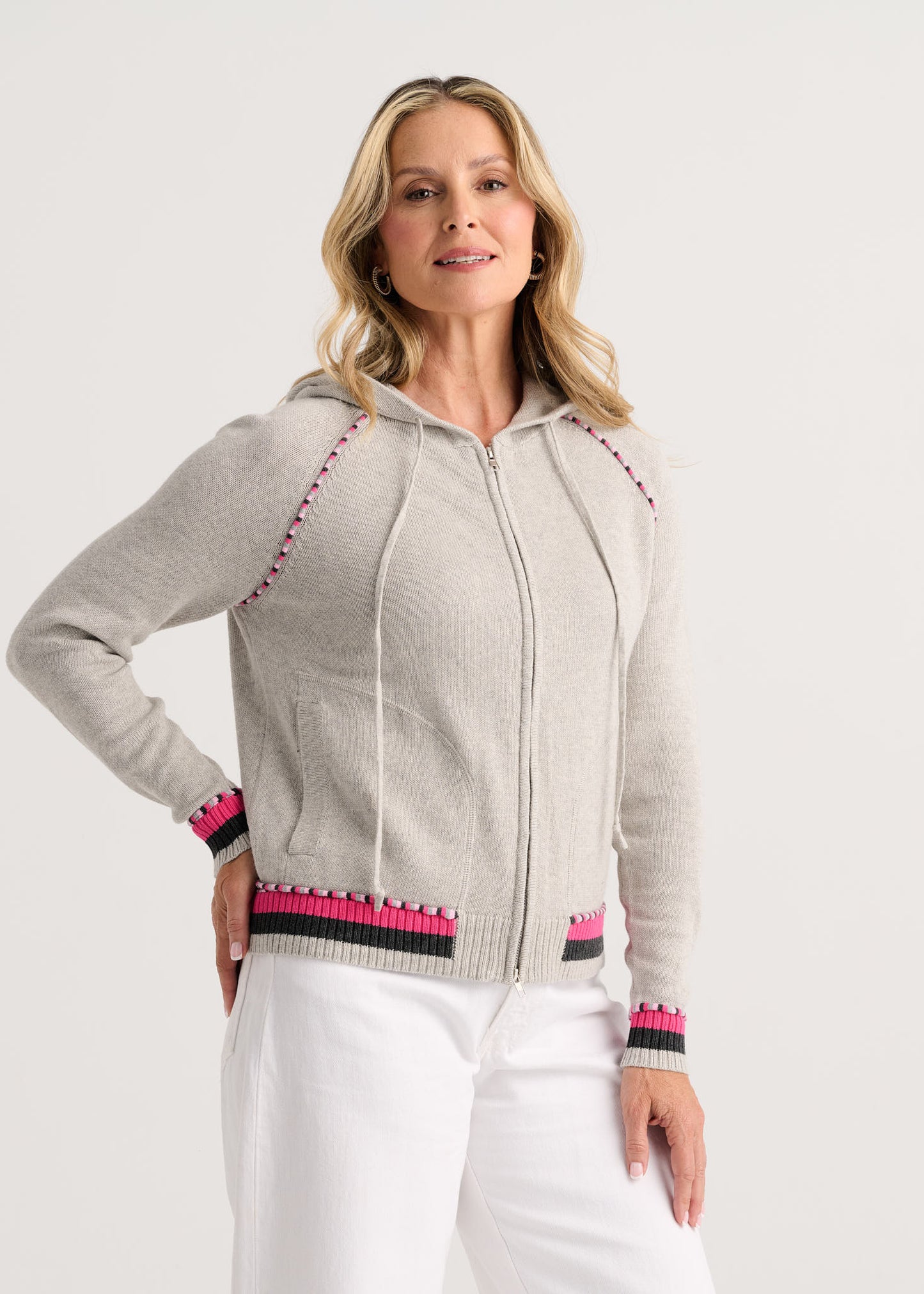 Stripe Trim Zip-Up Hoodie in Marl