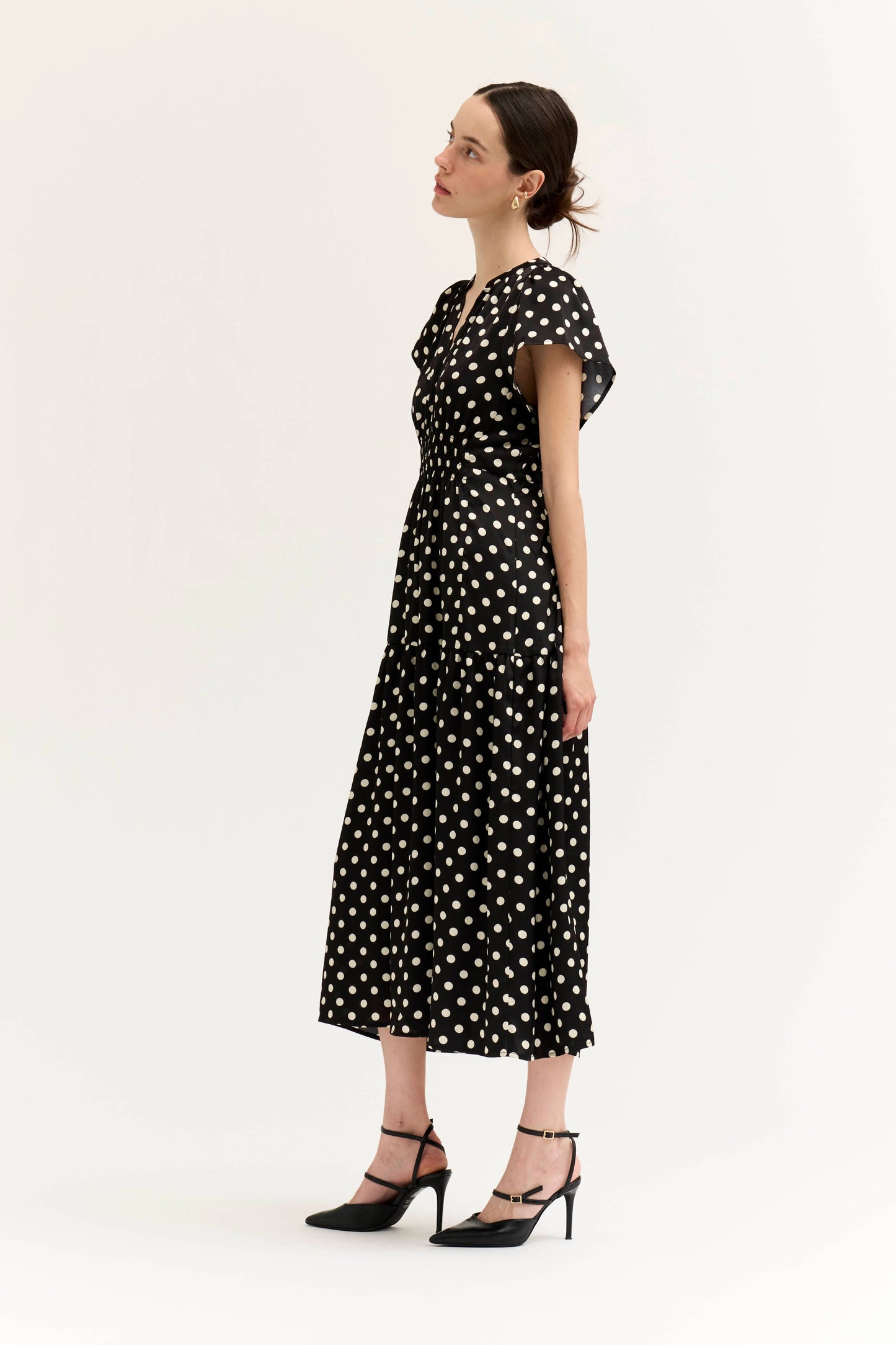 Polka Dot Ruffle Satin Midi Dress