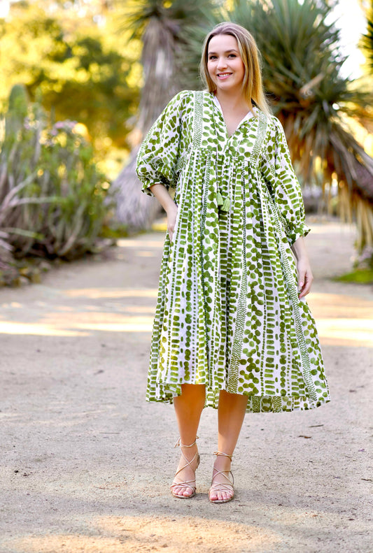 Mylah Midi Dress Block Printed  Green