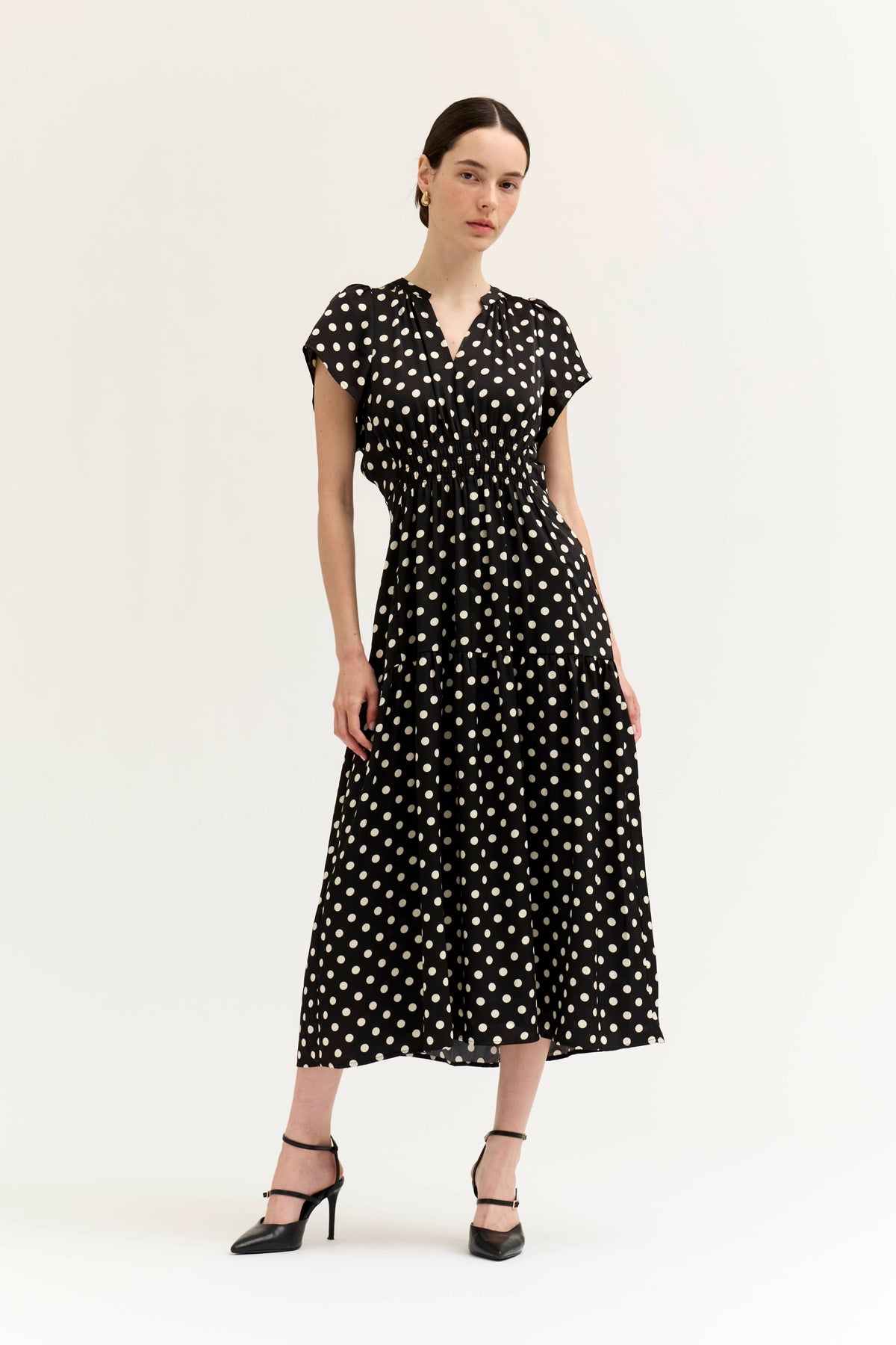 Polka Dot Ruffle Satin Midi Dress