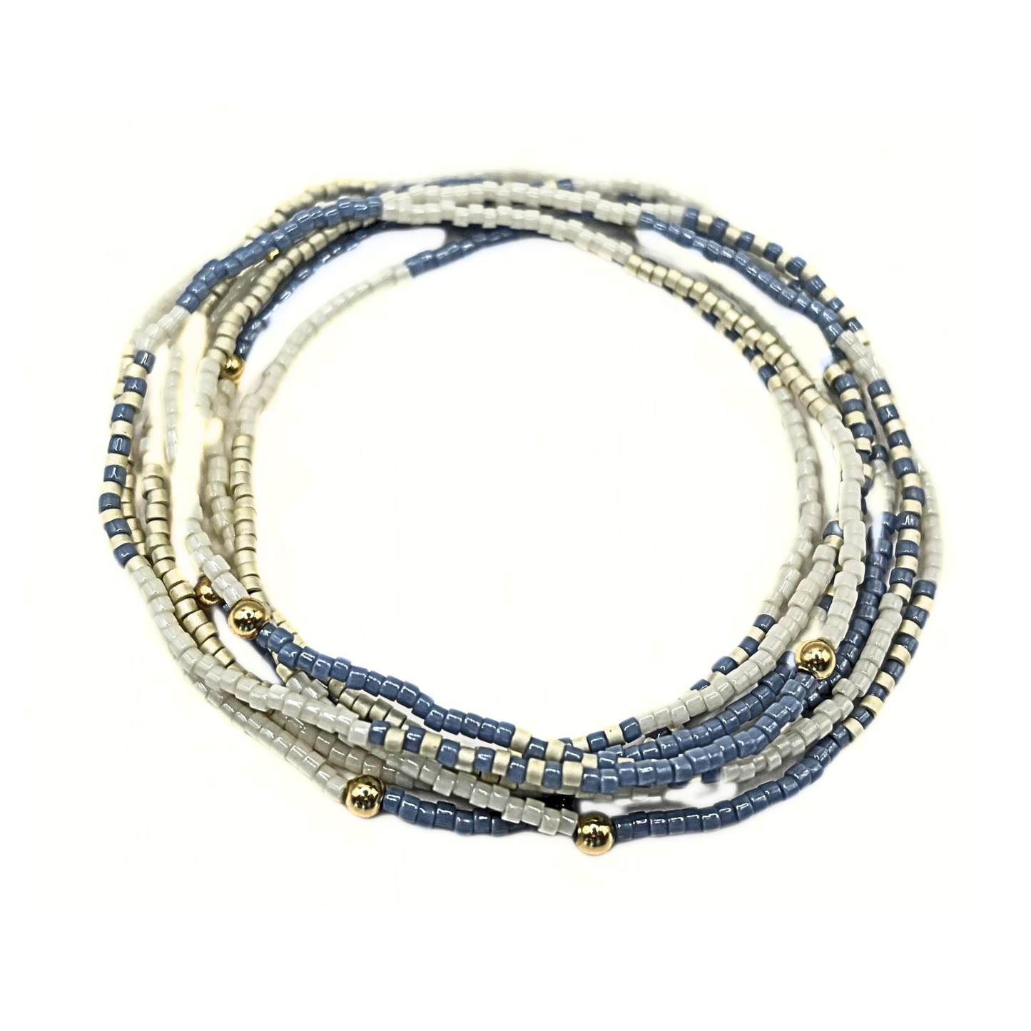 Maui in Steel Blue & Champagne 7 Stack Beaded Bracelet: Steel Blue, Cotton & Champagne