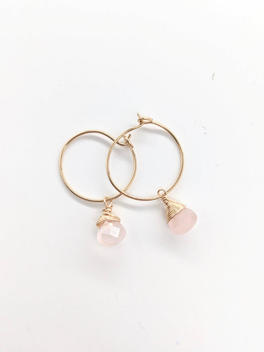 Rose Quartz Charm Mini Hoop Earrings in 14k Gold Filled