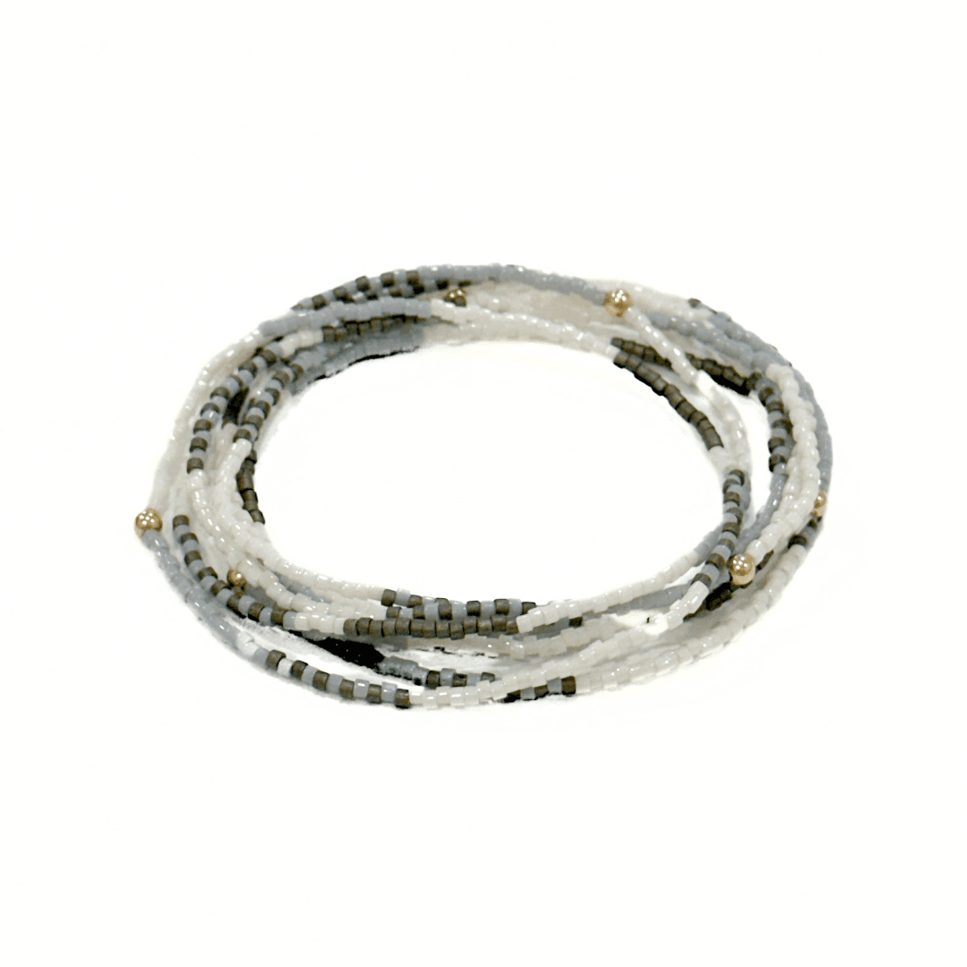 Maui in Steel Blue & Champagne 7 Stack Beaded Bracelet: Steel Blue, Cotton & Champagne