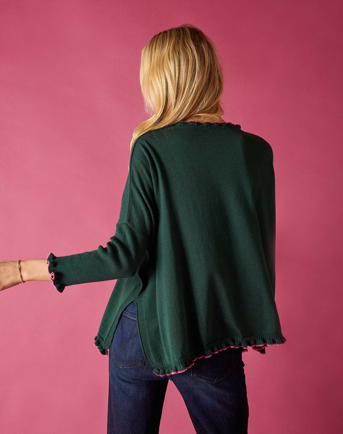 Catalina Cotton Ruffle Sweater in Forest/Bubblegum