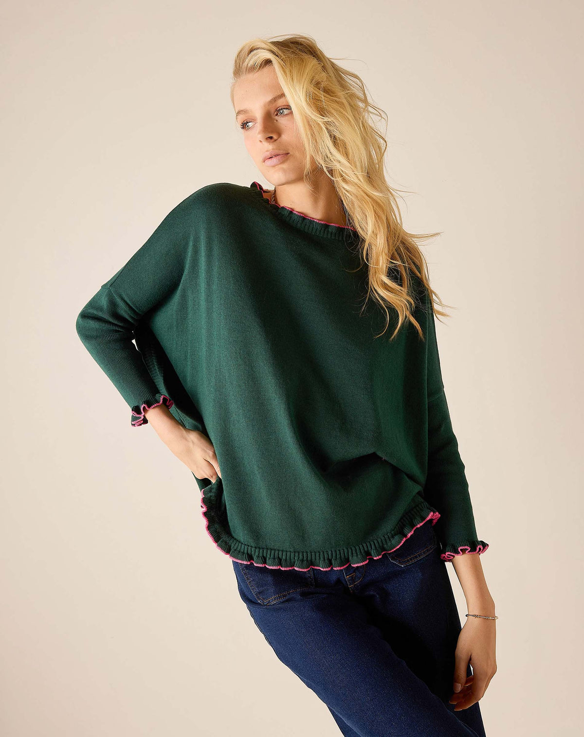 Catalina Cotton Ruffle Sweater in Forest/Bubblegum