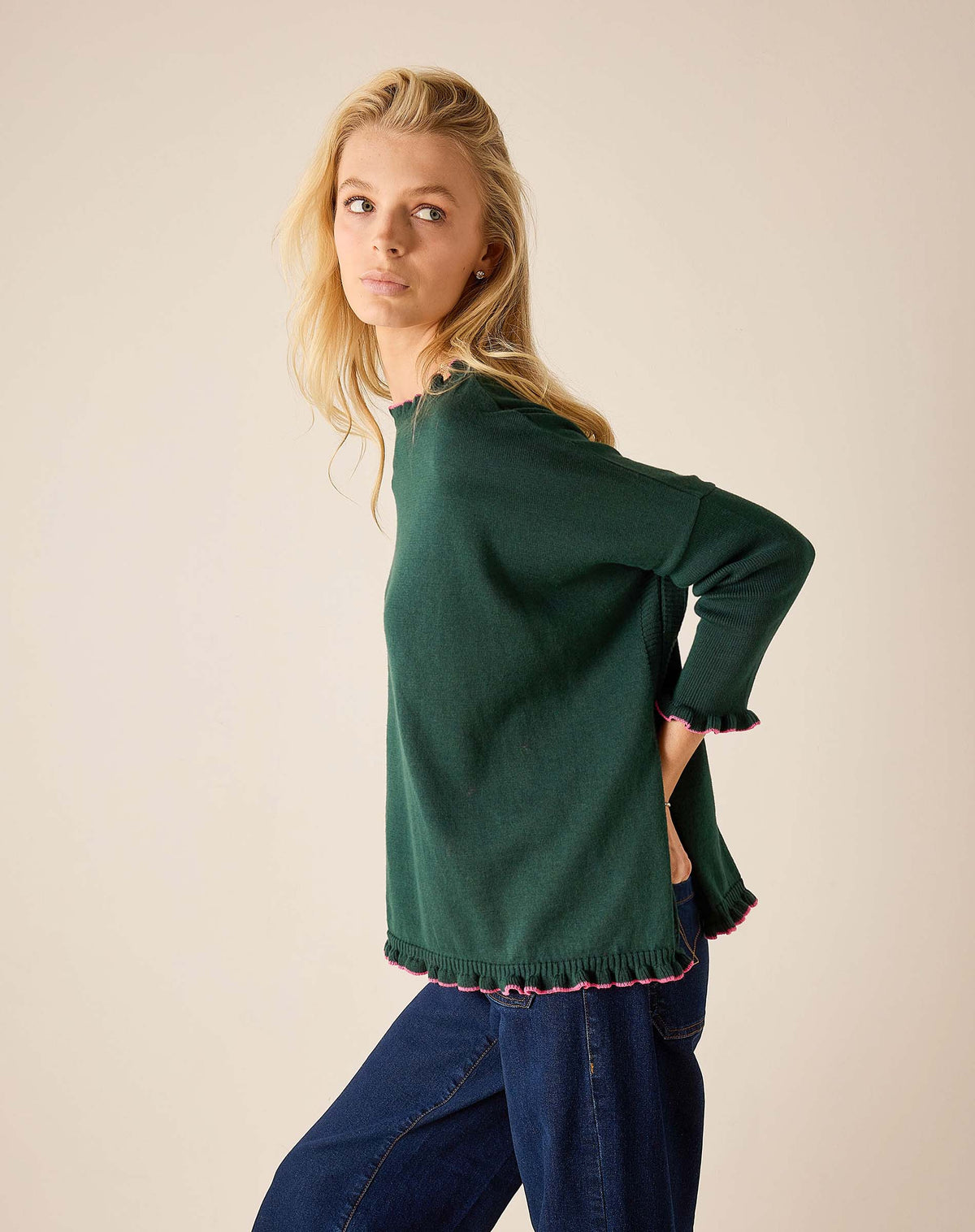 Catalina Cotton Ruffle Sweater in Forest/Bubblegum