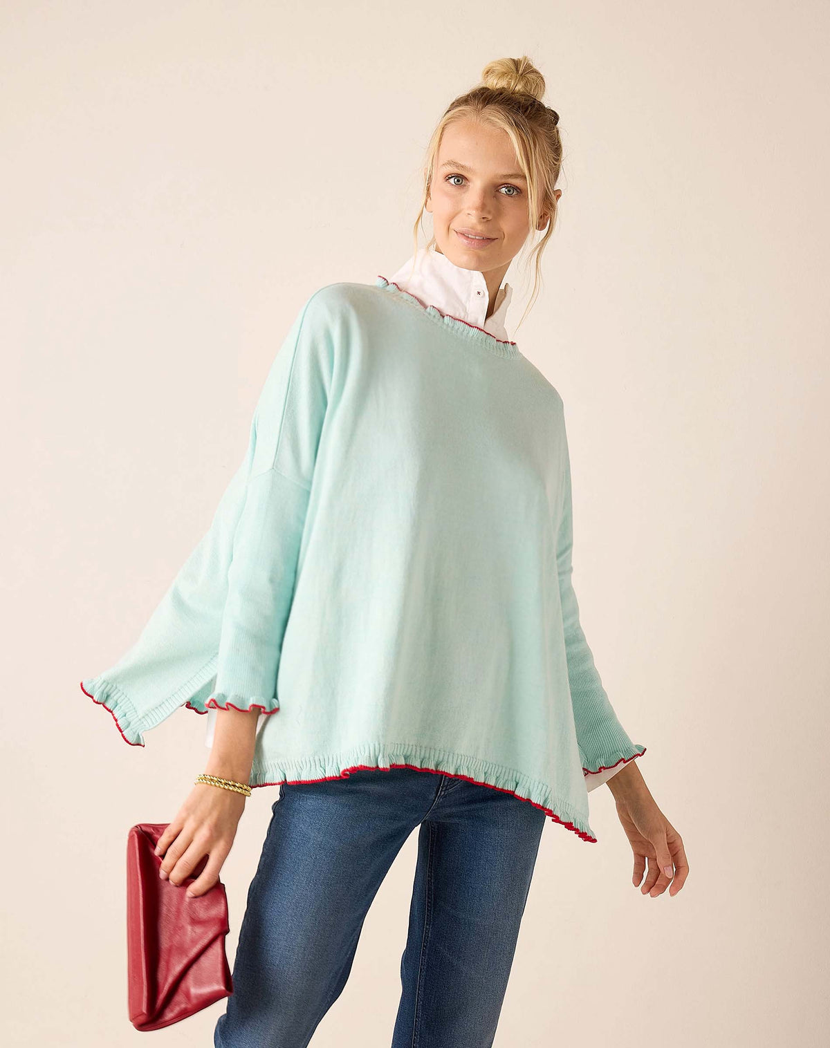 Catalina Cotton Ruffle Sweater in Icicle/Crimson