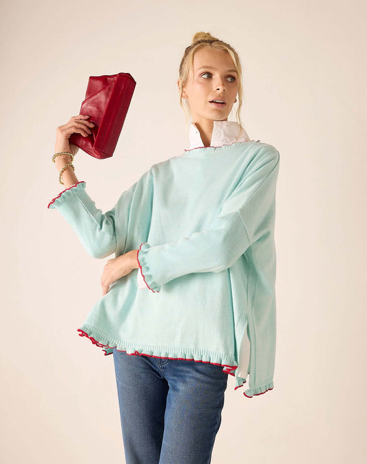 Catalina Cotton Ruffle Sweater in Icicle/Crimson