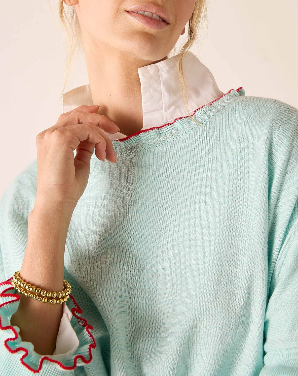 Catalina Cotton Ruffle Sweater in Icicle/Crimson