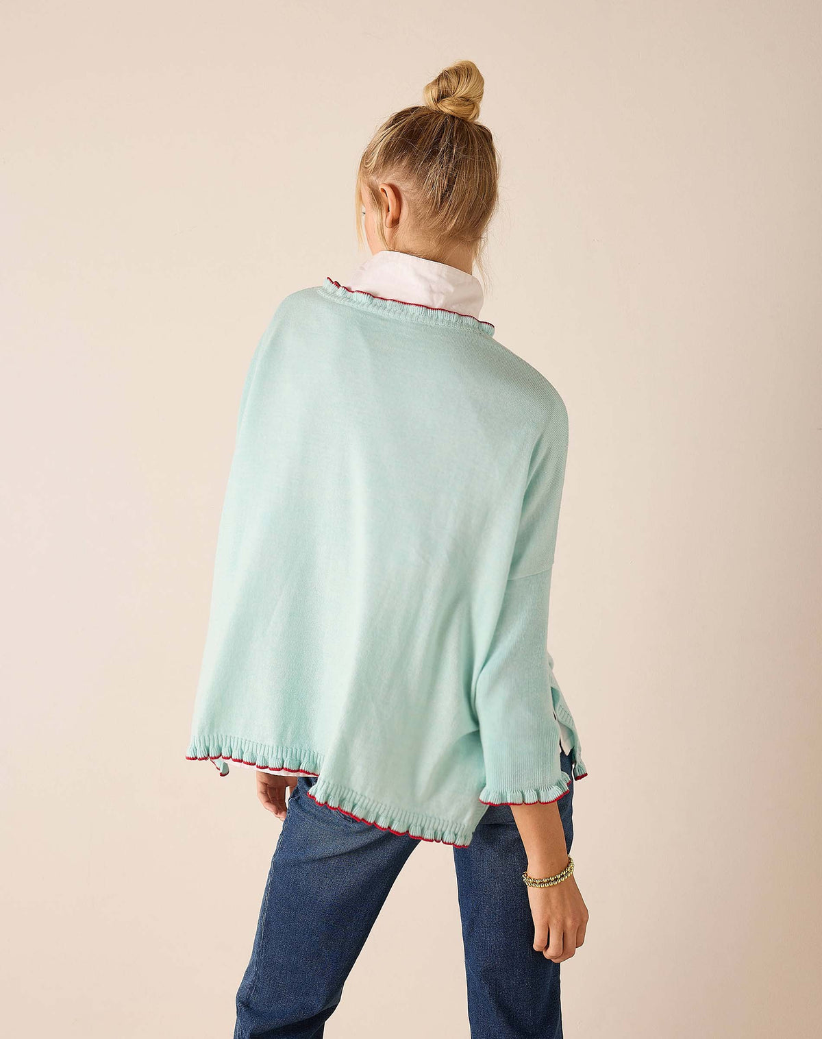 Catalina Cotton Ruffle Sweater in Icicle/Crimson