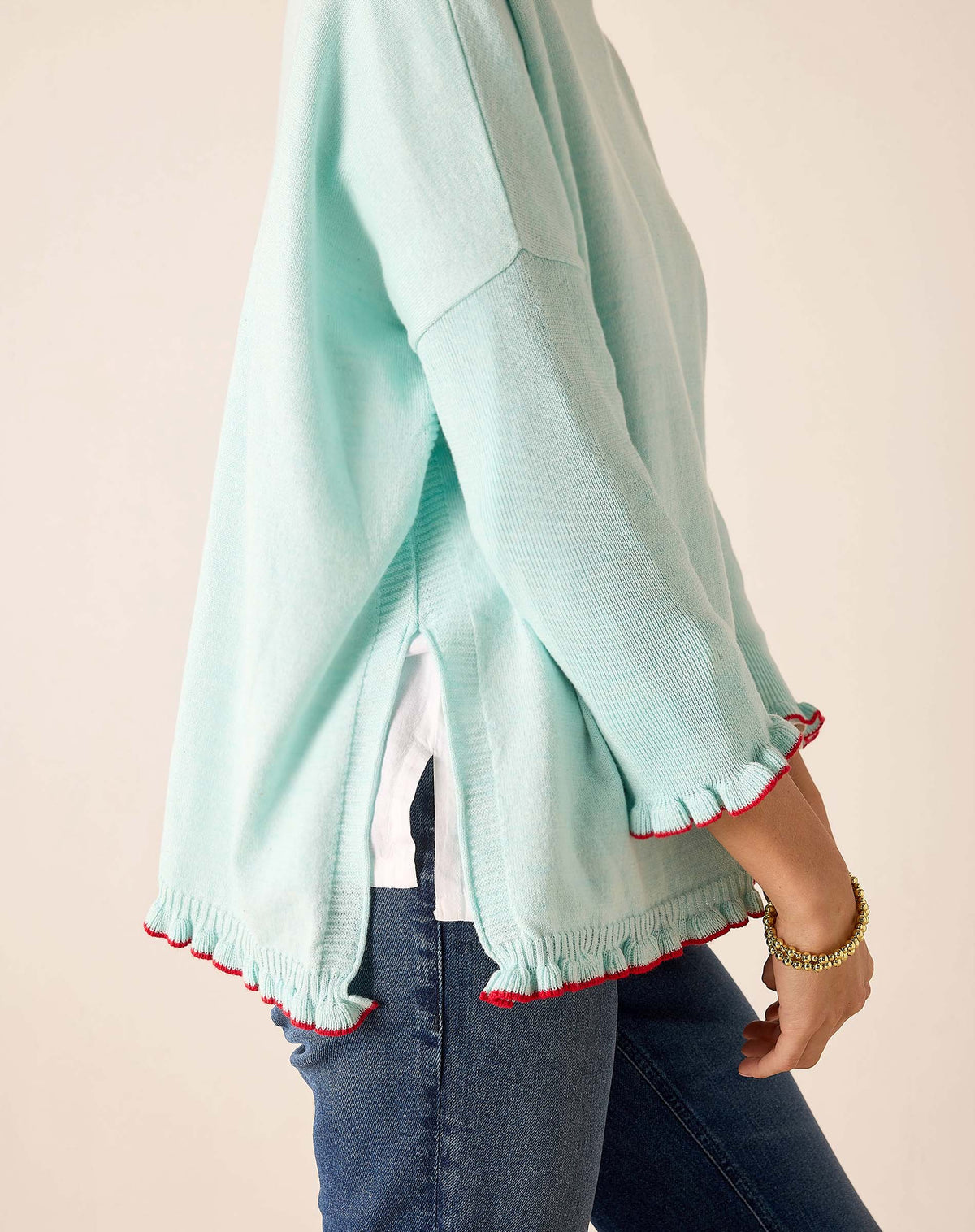 Catalina Cotton Ruffle Sweater in Icicle/Crimson