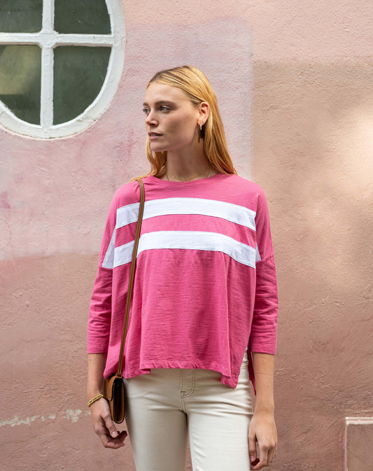 Catalina Slub Tee in Deep Rose & White