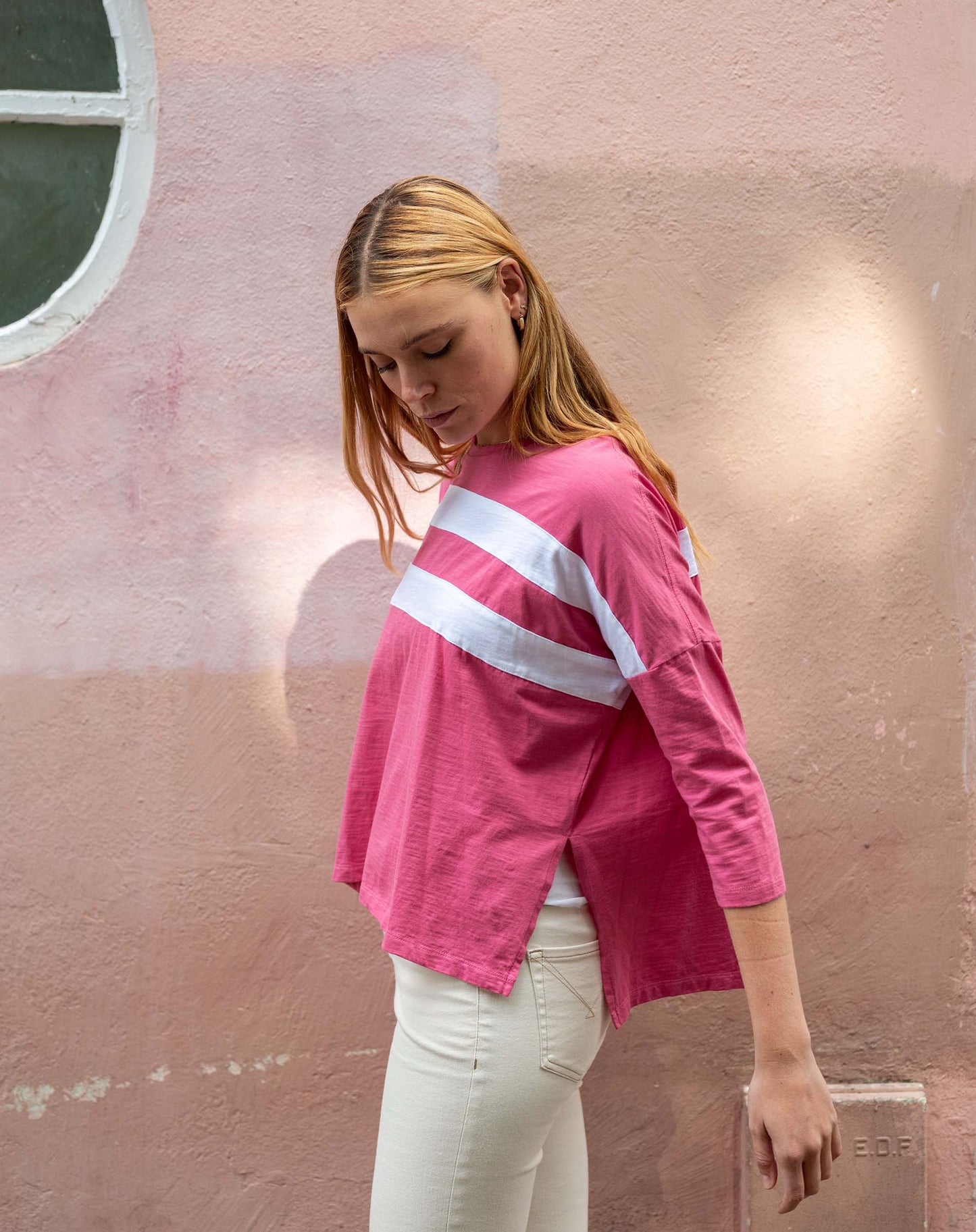 Catalina Slub Tee in Deep Rose & White