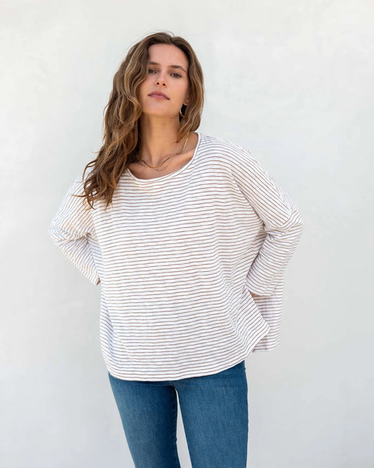 Catalina Slub Tee in White + Taupe Stripe