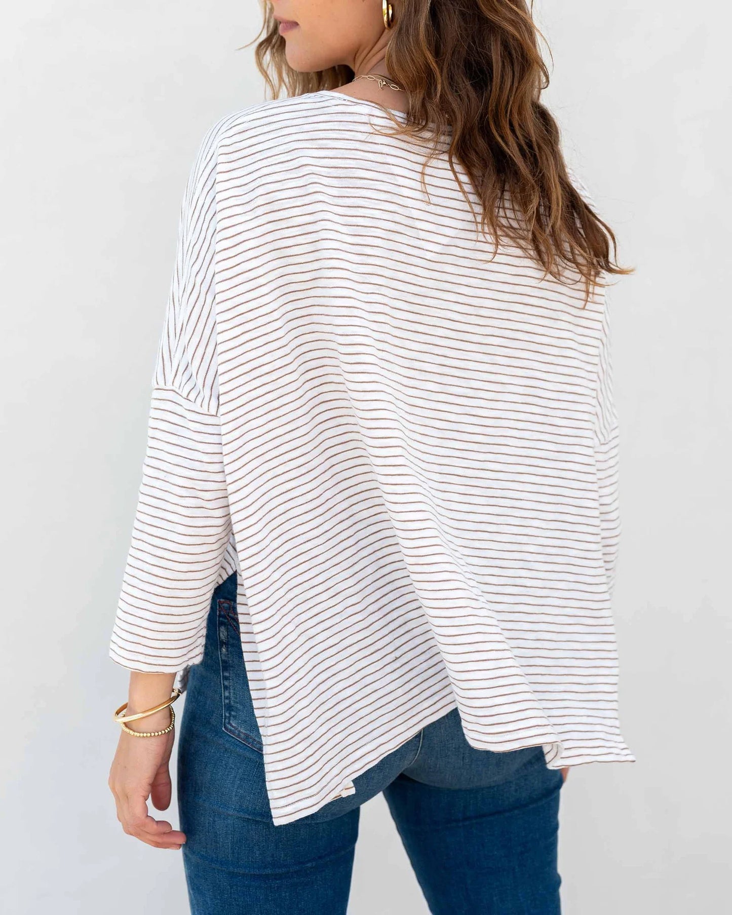 Catalina Slub Tee in White + Taupe Stripe