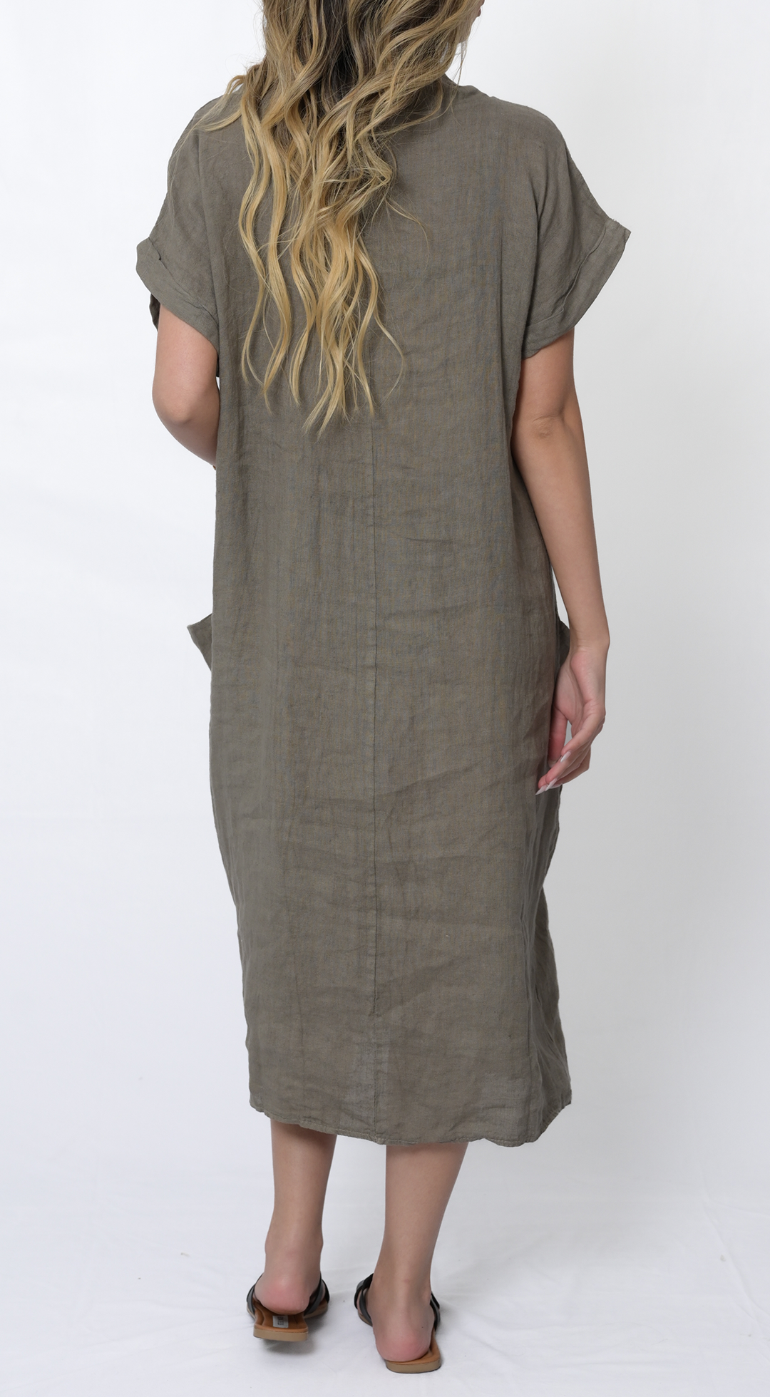 Linen V-Neck Fitted Dress in Taupe