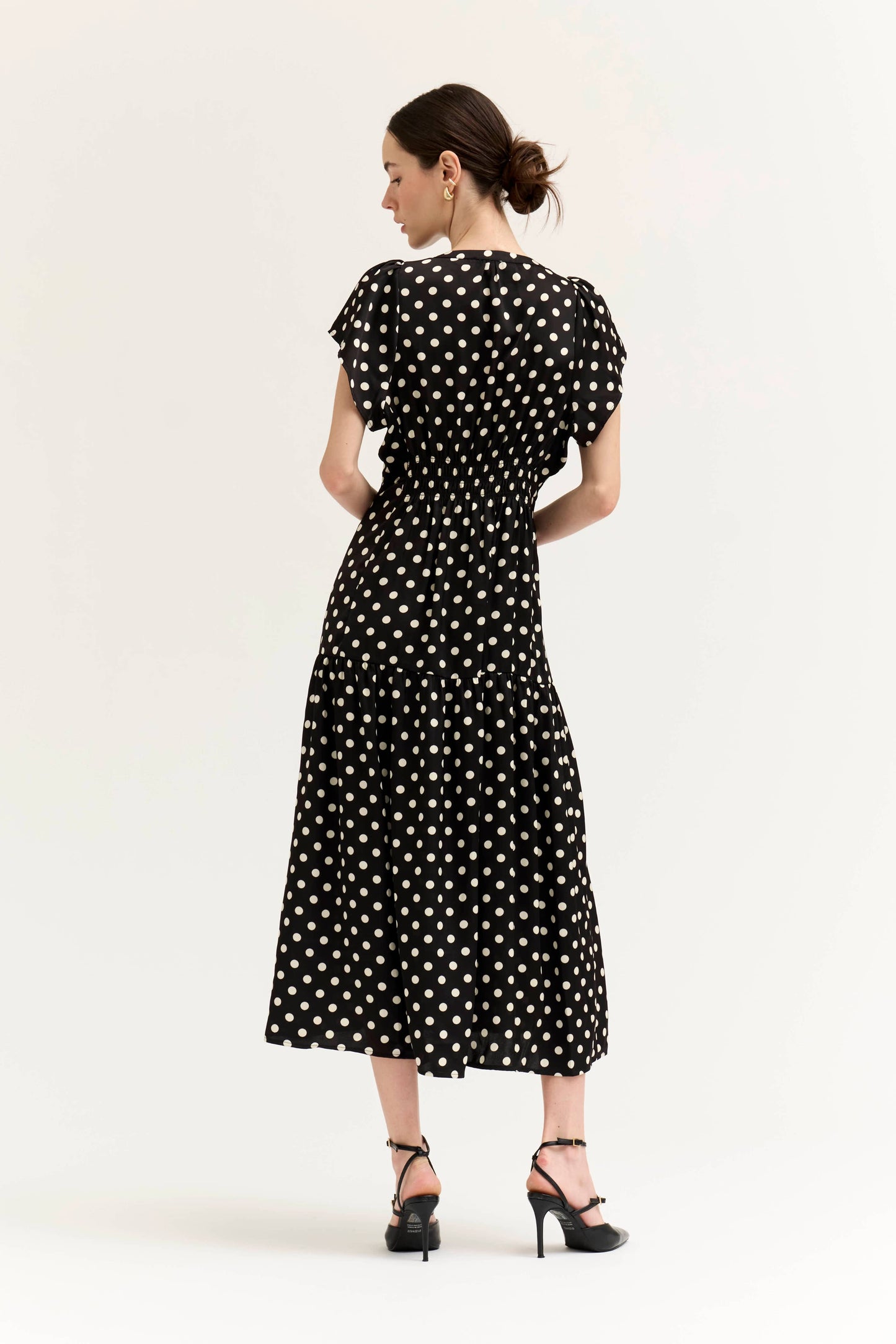 Polka Dot Ruffle Satin Midi Dress