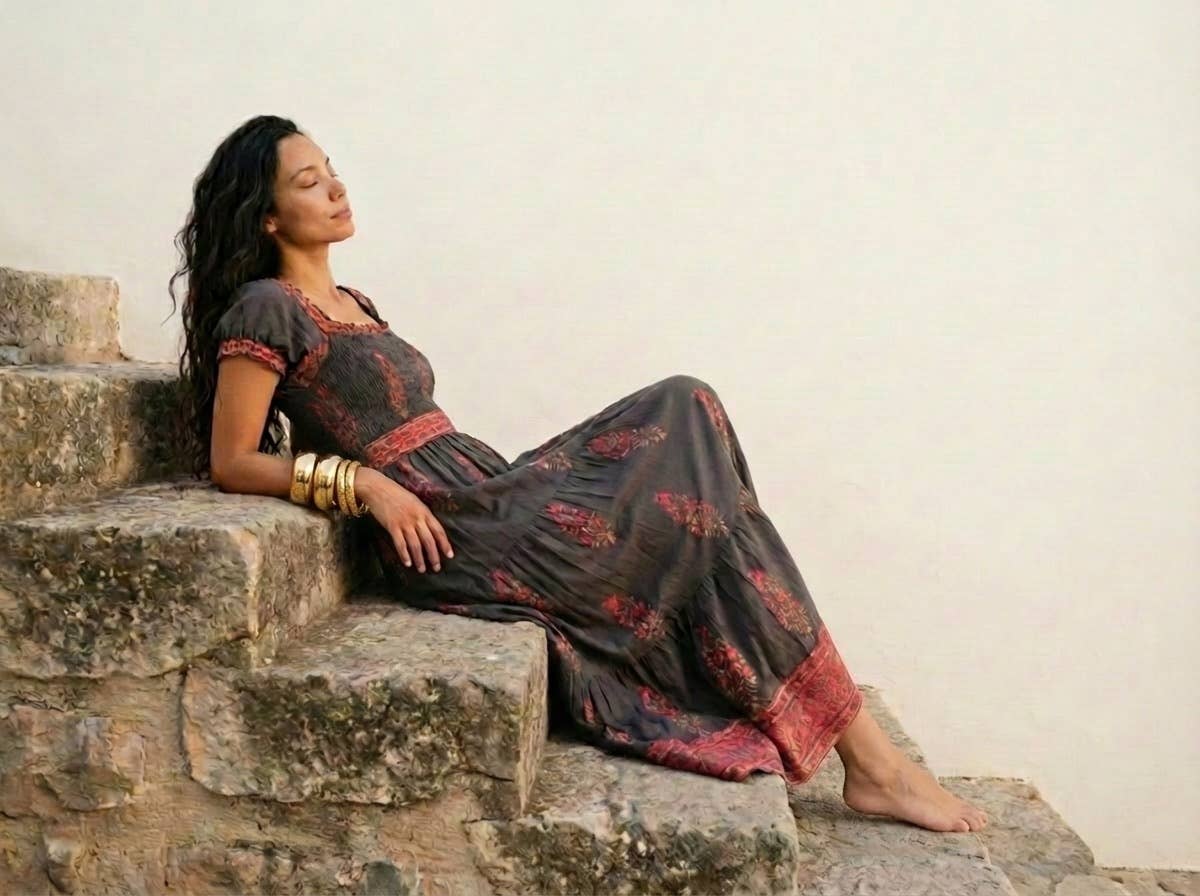 Paloma Block Printed Smocked Maxi Dress in Bougainvillea