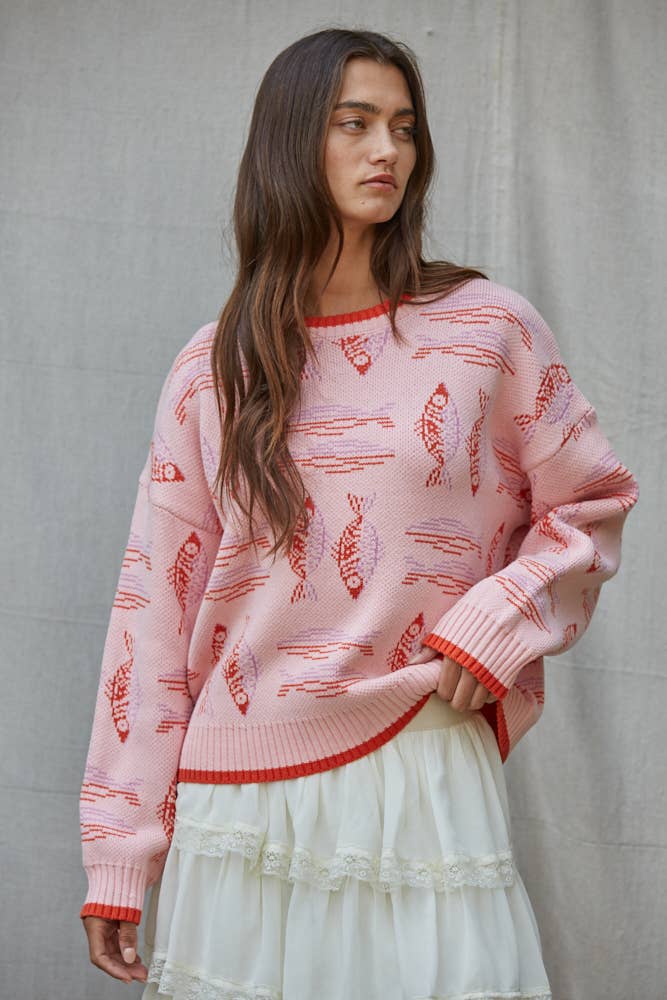 Fish Jacquard Crew Neck Sweater
