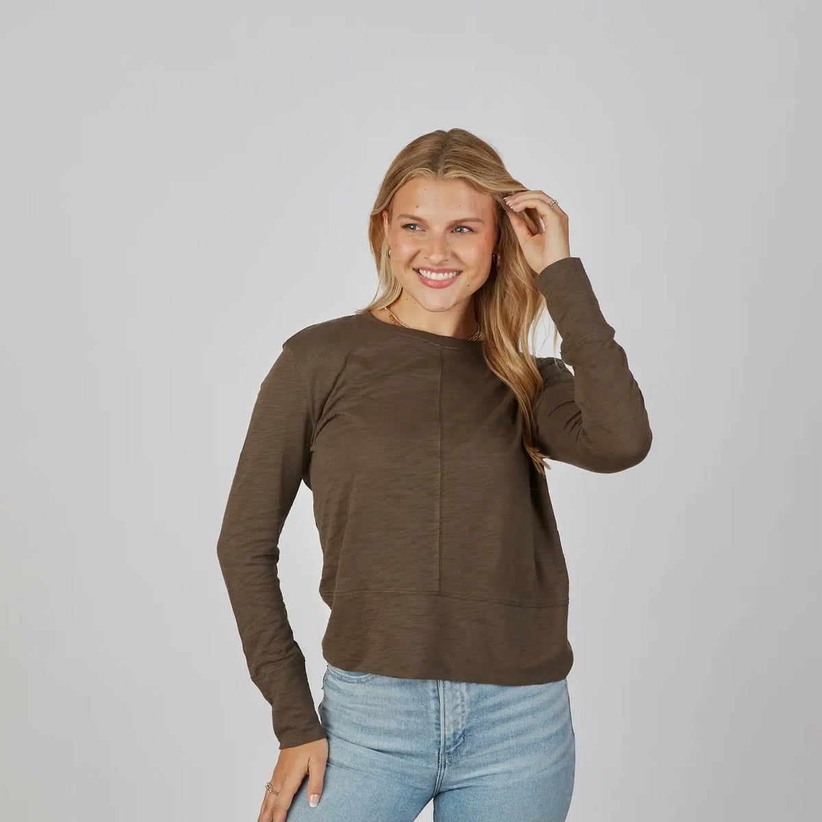 Celia Perfect Length Long Sleeve Tee in Espresso Brown