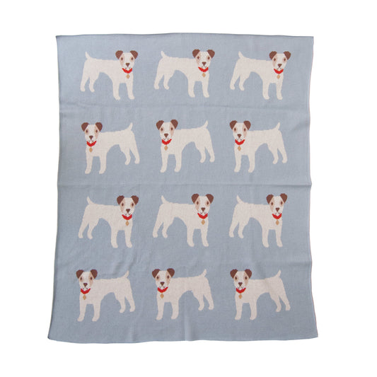 Cotton Knit Baby Blanket with Dogs in Blue
