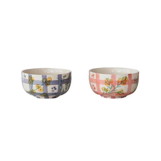 Hand-Painted Stoneware Bowl with Grid Pattern and Botanicals