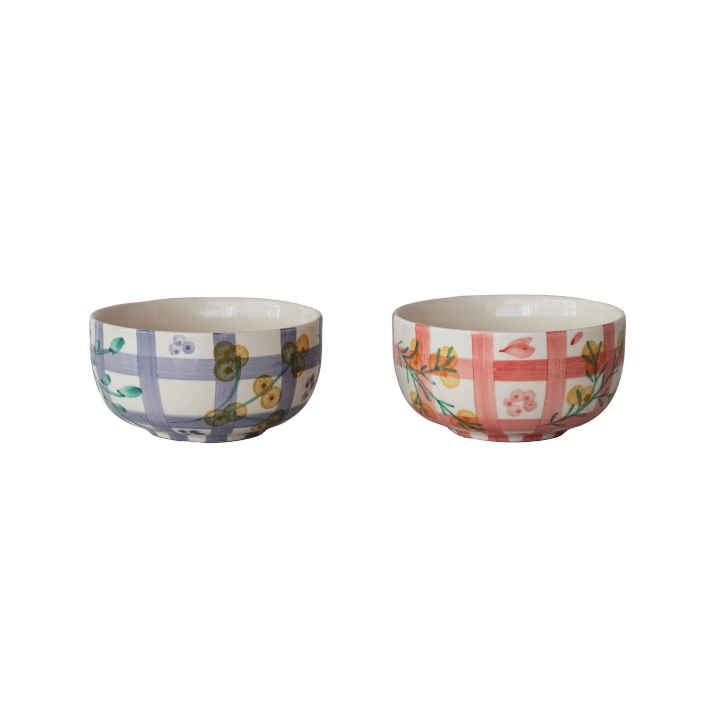 Hand-Painted Stoneware Bowl with Grid Pattern and Botanicals