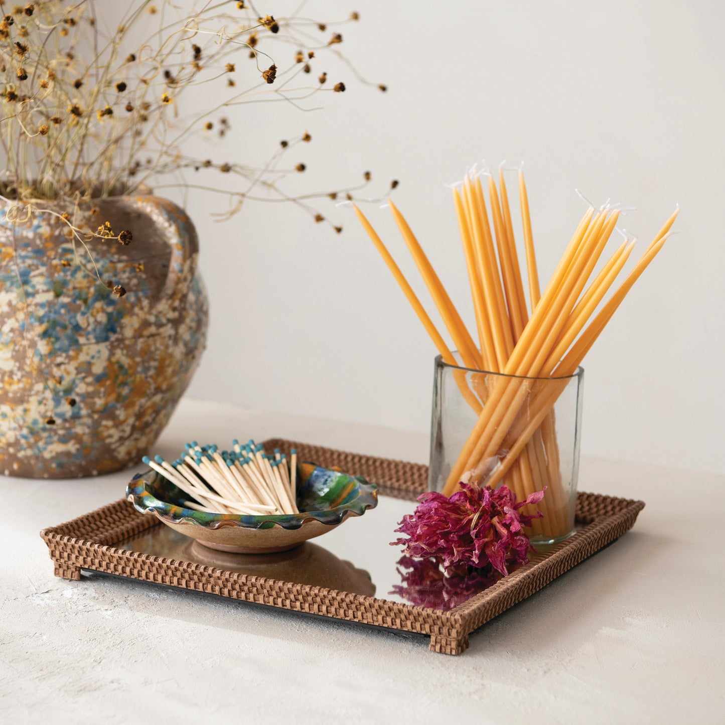 Square Resin Mirrored Tray with Woven Design
