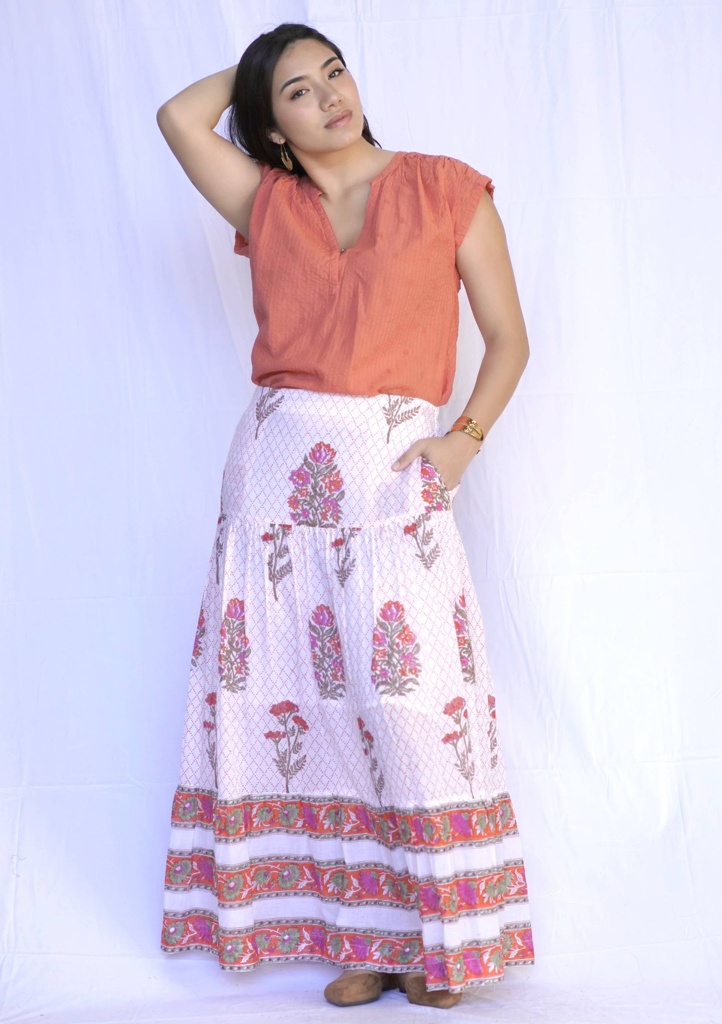 Cotton Tiered Maxi Skirt-Orange Multi