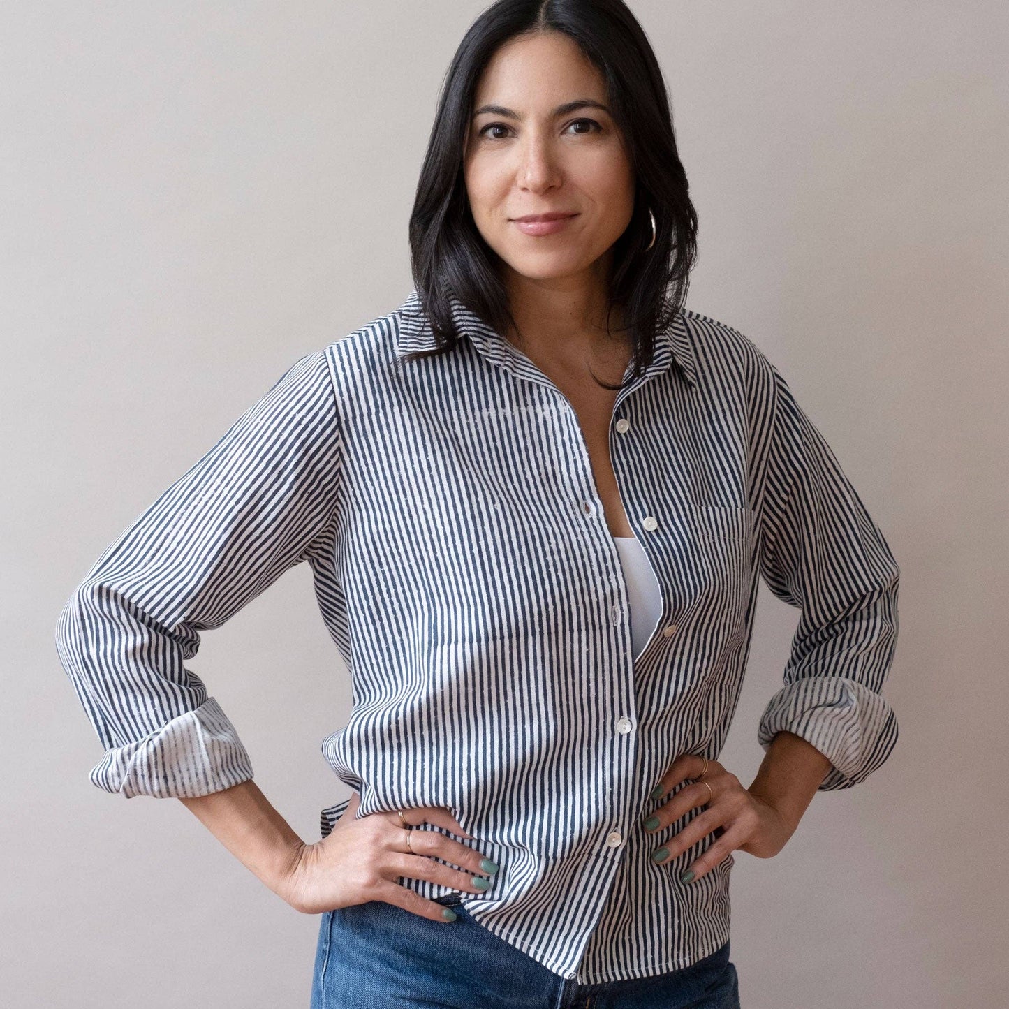 Pali Top- Stripes Navy in Double Cotton Gauze