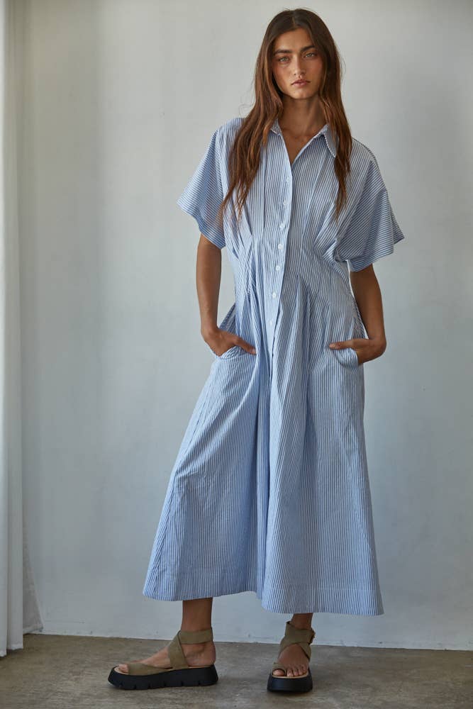 The Pleated Stripe Midi Dress in Cream & Blue